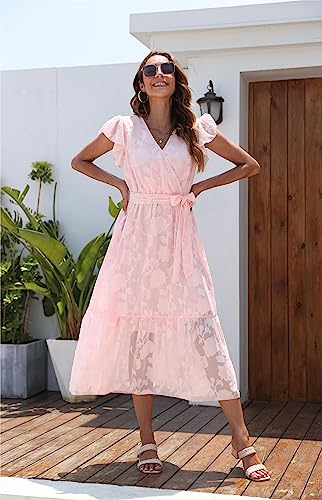 Image of VintageClothing Womens Sundress Casual Floral Summer Boho Dress | Flowy Wrap V Neck Ruffle A-Line Pleated Hem Midi Dresses