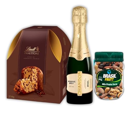 Cesta Natal: Panettone Chocolate Lindt, Espumante Chandon Reserve Brut e Mix de Fruta Seca Brasil Fr