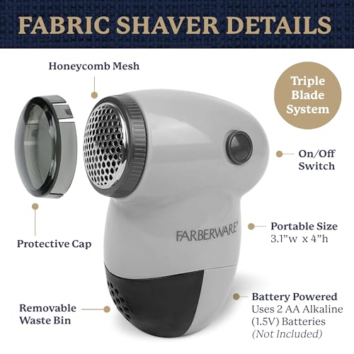 Image of Farberware Fabric Shaver & Lint Remover for Clothing, Small, Portable | Triple blade sweater shaver removes pilling, fuzz, and lint balls from clothes, couch, and furniture, battery operated