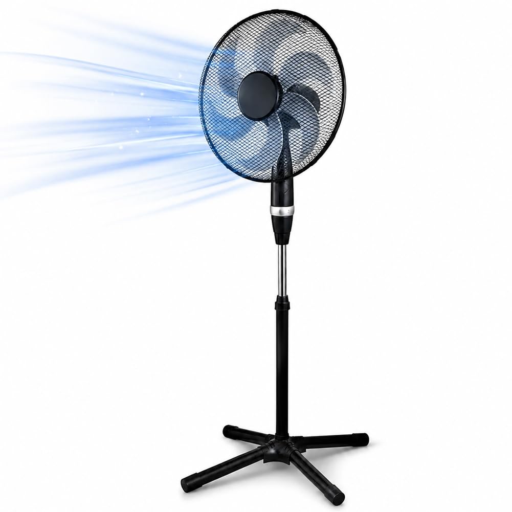 BAKAJI Standventilator Leistung 75 W schwarz mit 6 Flügeln Durchmesser 40 cm und Gitter 45 cm, selbsttragender Air Fan mit breitem und soliden Sockel und 3 wählbaren Geschwindigkeiten mit Gleitring