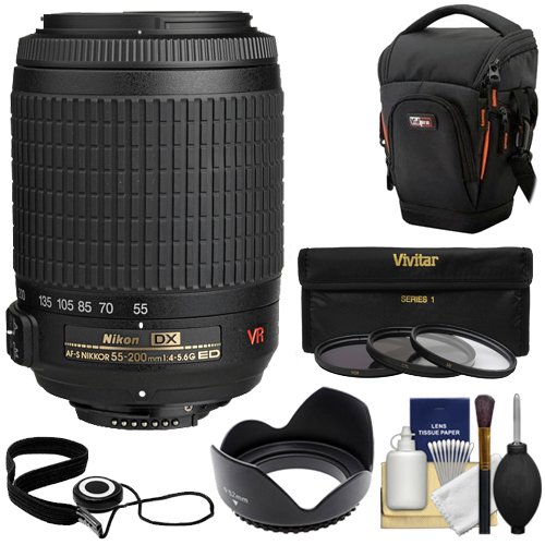 Nikon 55-200mm f/4-5.6G ED IF AF-S DX VR Zoom Lens with Holster Case + 3 UV/CPL/ND8 Filters + Lens Hood Kit for Nikon D3100, D3200, D5100, D5200, D5300, D7000, D7100, D600, D800, D4 Digital SLR Cameras