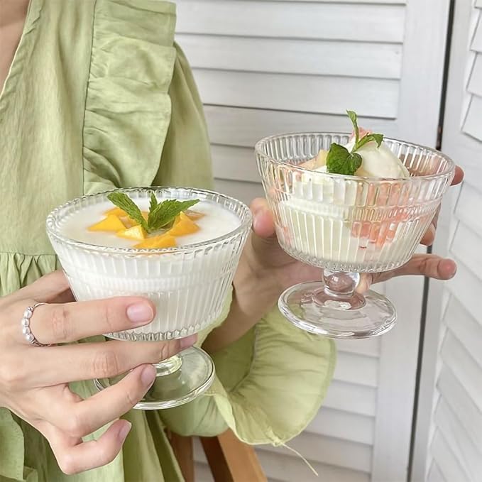 Image of Glass Ice Cream Bowls Set of 4 With Gold Spoon, Dessert Cups for Sundae, Fruit, Cocktail, 7.5oz Footed Parfait Cups (6 Pcs, 270 ml)