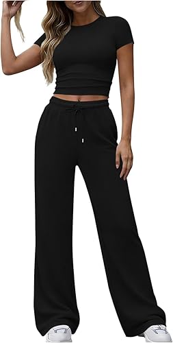 YMADREIG Womens 2 Piece Lounge Matching Sets Cropped Short Sleeve Tops High Wais