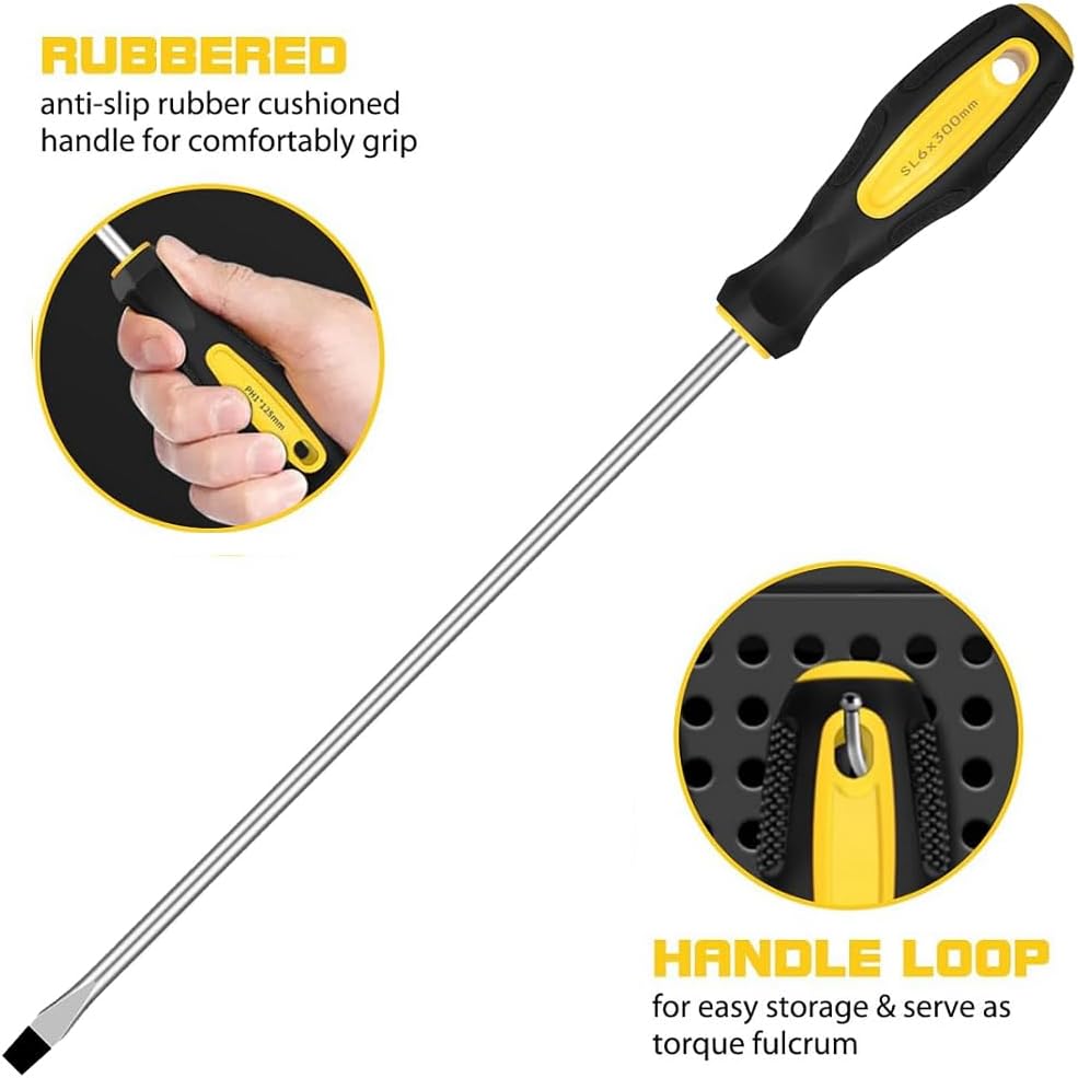 Fixinus 2Pcs 12-Inch Phillips & Flat Screwdriver Set, Long Cross Head & Slotted Blade Design, 6mm Tip Magnetic Extended Screwdriver