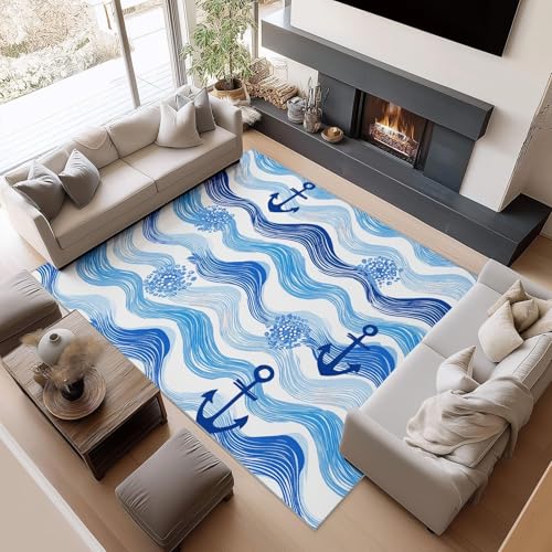 Tapis de salon lavable à rayures ondulées ancre nautique bleu - 2