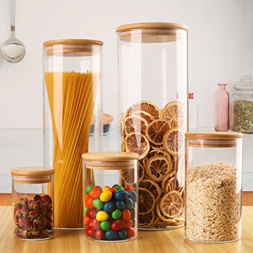 Rowellsoul Glass Storage Jars, Transparent Food Containers Set Of 3, Food Jars With Bamboo Wood Lid For Kitchen Ingredients Storage, Coffee Beans, Candy, Cookies, Rice, Sugar, Flour, Pasta, Nuts #TOP4