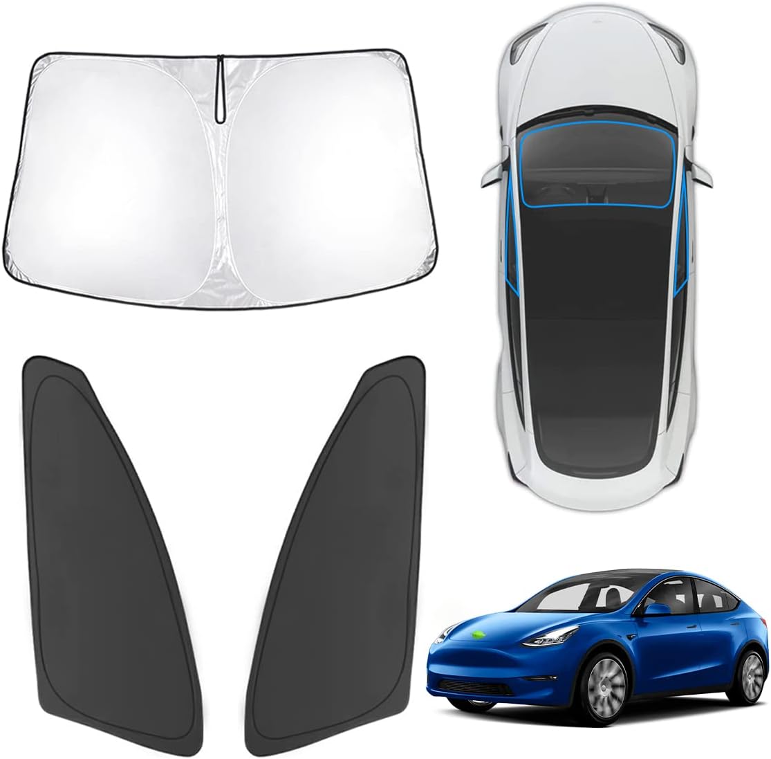 Karltys 3PCS Front and Side Windshield Sun Shade for 2020-2025 Tesla Model Y, 210T Reflective Window Sunshade Custom Fit Model Y, Foldable Sun Visor Protector Keep Your Car Cool