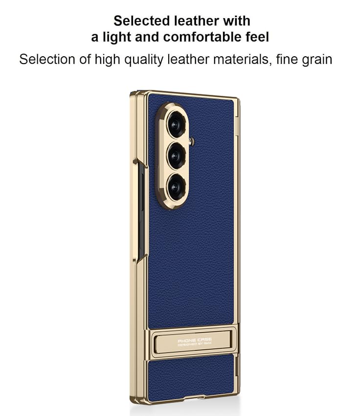 Image of Midkart Magnetic Case Compatible with Samsung Galaxy Z Fold 7 Release 2025 Hinge Protection Leather Cover with Stand Electroplated Camera Protection, Blue & Gold