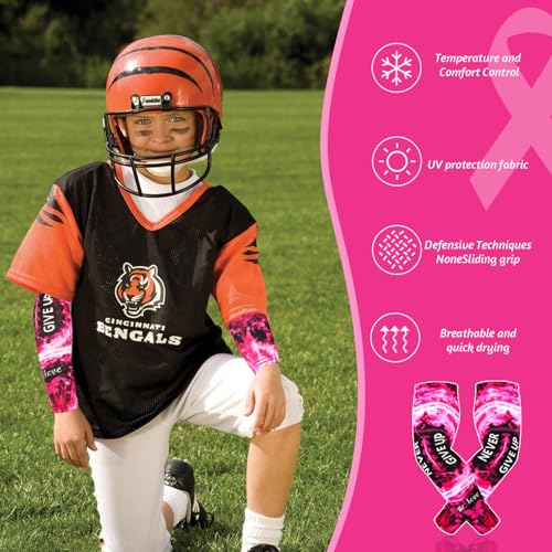 Image of SNOWSTAR Sports Pink Ribbon Breast Cancer Awareness Arm Sleeve Compression Fit No Slip Football Flames