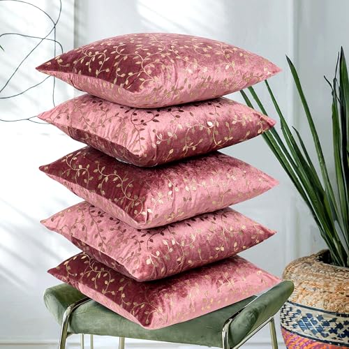 Image of RD TREND Premium Velvet Cushion Covers Set of 5 | Soft Decorative Throw Pillow Covers for Sofa, Bed & Living Room | Cushion Cover 16 inch x 16 inch (40x40 cm) Dusty Rose