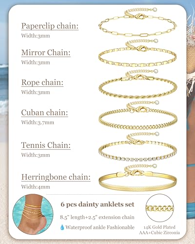 Image of Besteel Ankle Bracelets for Women Waterproof - 14K Gold Plated Non Tarnish Layered Cuban Link Chain Rope Figaro Herringbone Anklets Set Plus Size Anklet Summer Foot Jewelry Gift Adjustable 8-12 Inch