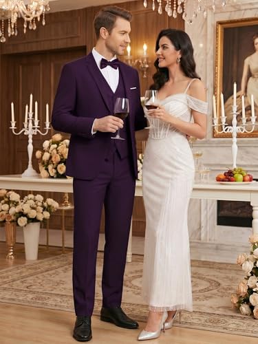 Image of WEEN CHARM Men's 3-Piece Slim Fit Suit Set-2-Button Blazer,Vest & Pants-Formal Wedding,Prom,Party & Business Tuxedo