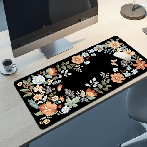 BrilliStar Desk Mat Retro Floral Black Mouse Pad Big Desk Pad Anti-Slip Large Mouse Pads Cute Mouse Pad for Keyboard Office Home 35.4 x 15.7 inches