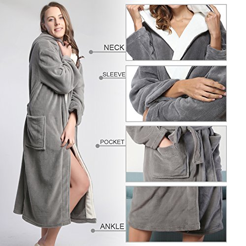 Kemusi Hooded Grey Herringbone Women's Soft Spa Long Kimono Bathrobe,Comfy Full Length Warm Nightdress L #TOP3