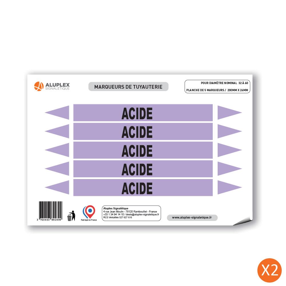 Planche de 10 marqueurs de tuyauterie ACIDE (Ø DM 32 à 60) pour fluide ACIDE / 200 x 26mm