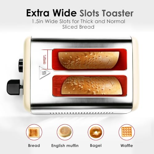Image of Toaster 2 Slice, Stainless Steel, 6 Shade Settings, 1.5 inch Extra Wide Slots | NEXFIT Retro Toaster with Bagel, Defrost, Reheat & Cancel Functions, 900W, Removable Crumb Tray, High Lift, Cord Wrap, Beige