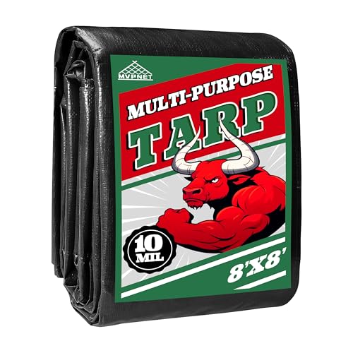 Tarp 8x8 ft Heavy Duty 100% Waterproof 10mil UV Resistant Durable Grommets and Reinforced Edges Green/Black Tarp for Camping Swimming Pools Car Coverage -by MVPNET