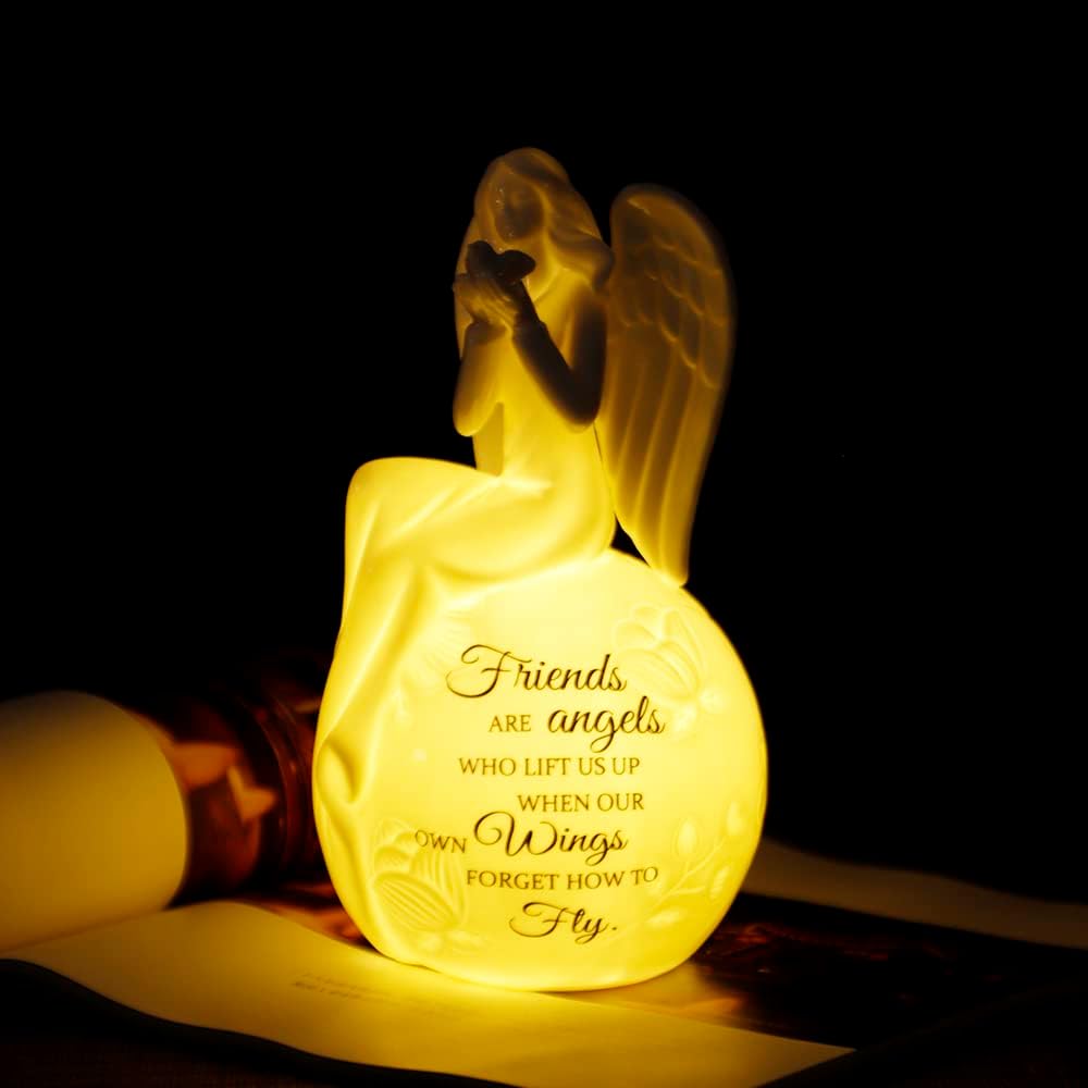 Ceramic Angel Lighted up Collectible Figurines Best Friendship Gift Sitting Angel Hold Dove on Hand with Essential Quote Night Light 8" H White