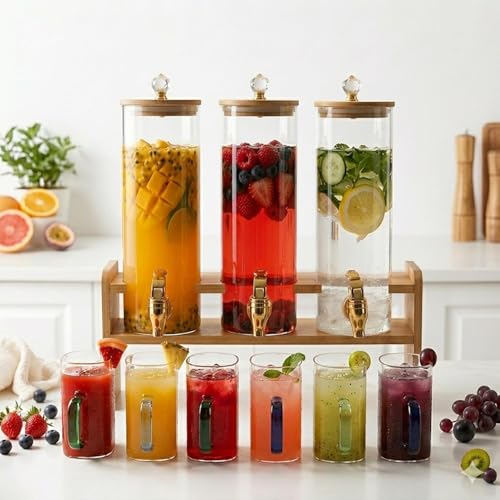 Image of 3 Tank Glass Beverage Dispenser Set with Wooden Stand | 2L Each Juice Dispenser with Tap & Lid + 6 Color Handle Glass Mugs (240ML) | Premium Drink Server for Lemonade, Parties & Home Use