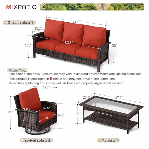 MIXPATIO 4-Piece Patio Furniture Set, Oversized Outdoor Wicker Sofa with Swivel Chairs and Coffee Table, Sectional Rattan Outdoor Conversation Set for Poolside Backyard Deck, Red