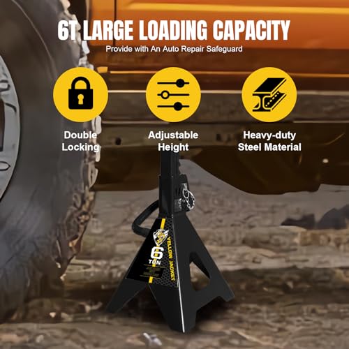 Image of YELLOW JACKET Jack Stands 6 Ton with Double Locking for Lifting Car SUVS, Heavy Duty Steel, 13000 lb Capacity, 1 Pair, Black