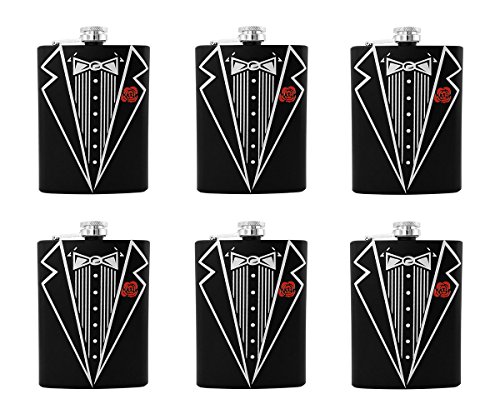 Gifts Infinity® Set of 6 Groom, Bestman, Groomsman, Bachelor Party Stainless Steel Hip Black Tuxedo Flask 8oz