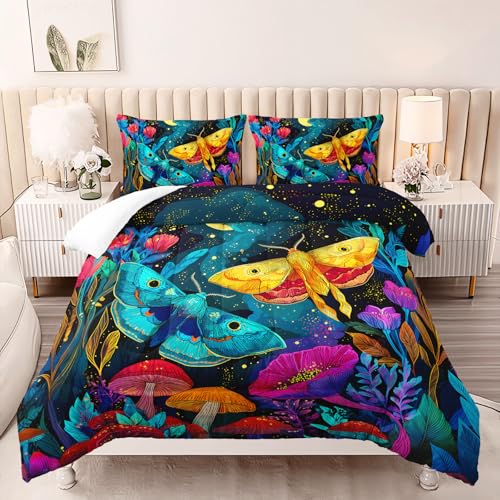 Image of AILONEN Full Neon Moth Comforter Set, Colorful Butterfly Mushroom Bedding, Botanical Night Garden Decor, Lightweight Microfiber Teens Gamer Cool Loft