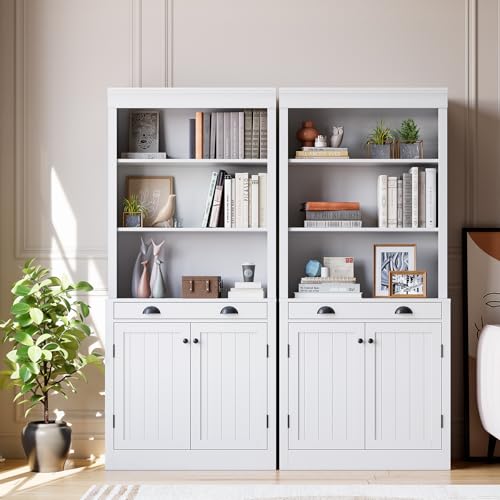 GarveeHome 71" Tall Bookshelf and Bookcase with Drawer, 5-Tier White Bookshelf with Doors, Adjustment Shelf, Wood Bookshelves Storage Cabinets for Home Office, Living Room, White, Set of 2