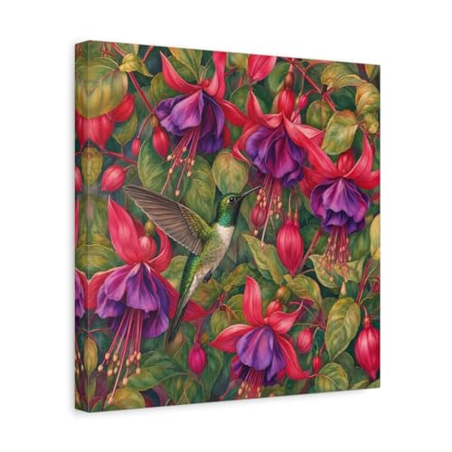 Toile colibri fleurs roses et vertes deco murale salon chaleureux 35cm