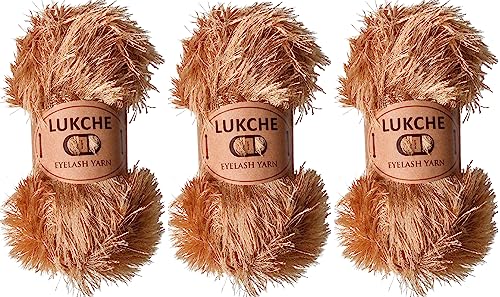 Image of Eyelash Fun Fur Yarn Premium 100% Polyester 164 Yds (150 Mt), 3.53 Oz (100 Gr) Colorful Crochet Yarn Dıy Hand Knitting. (Camel Hair, 3 Skein)