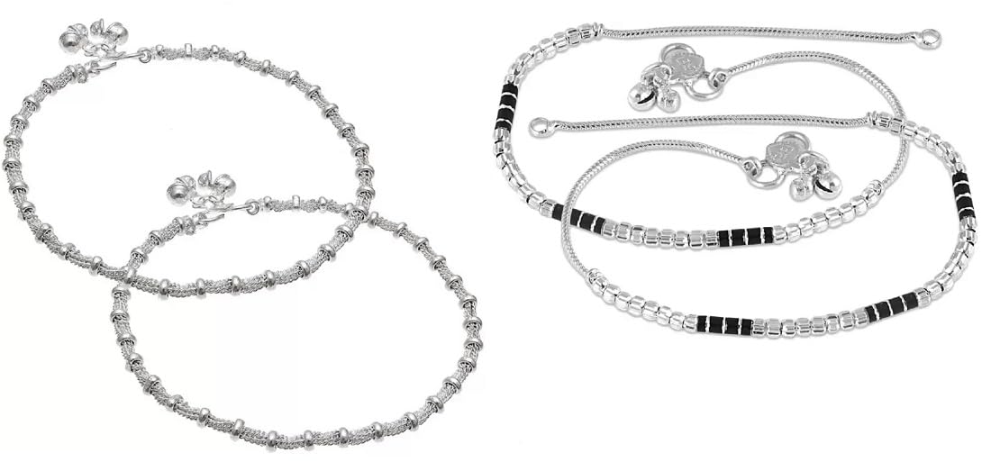 Girls Women's Silver Plated & Brass Stylish Black Silver Anklets Payal (Pack Of 4) (Silver)-image-12