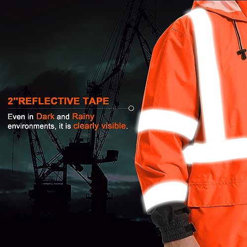 Image of Reflective Rain jackets for men waterproof,Hi Vis Safety Coat With Reflective Strips，High Visibility Class 3 Rain jackets With 2 large pockets，Zipper,Black Bottom Orange,4XL /5XL