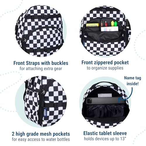 Image of Wildkin Kids Backpack for Boys & Girls, ECO rPET Recycled Lightweight 15 inch Bookbag with Padded Straps - Ideal for Preschool, Kindergarten, School & Travel, Ages 4-6 - Black and White Checkered
