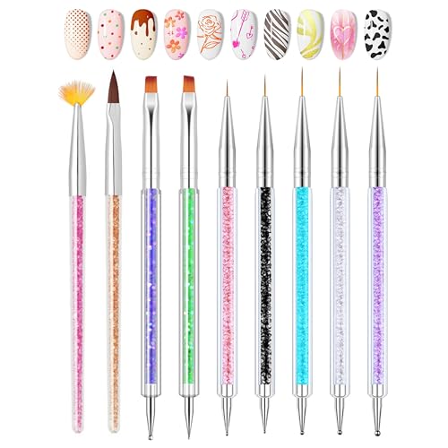 Image of 9pcs Nail Art Brushes Nail Tool Set, Nail Design Brushes Mixed Color Two-Way Nail Art Brushes, Point Pen Tool Nail Trimming Kit, Suitable For Home Salons.