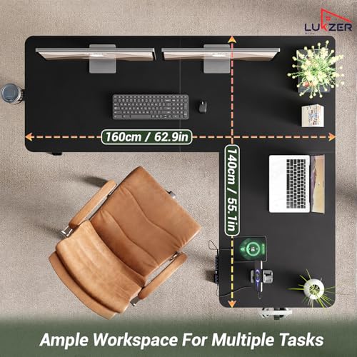 Image of Lukzer L-Shape Electric Height Adjustable Desk with USB & Type-C Port Digital Display Advance Memory Preset Sit Stand Home Office Table (EST-001 /UC-Black & Black /160x140 cm) DIY with 3 Years Warranty