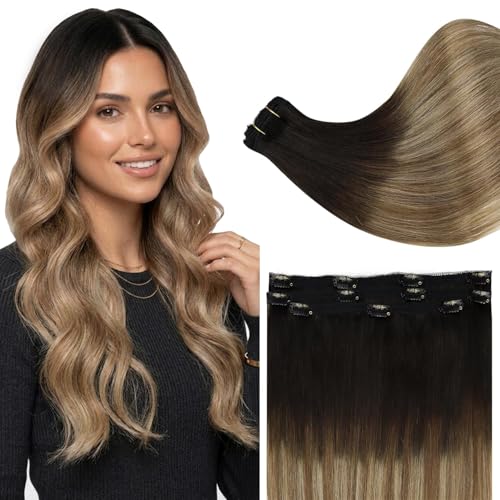 Image of Full Shine Real Hair Clip in Extensions 20 Inch Clip in Hair Extensions Balayage Black Ombre to Blonde Mix Brown Remy Soft Hair Lace Weft Long Straight Hair 3 PCS 60 Grams