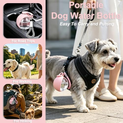 Image of Dog Water Bottle Portable, 2in1 Round Dog Water Bowl PET 10oz | Leak Proof Pet Water Dispenser, Foldable Silicone Bowl Drinking Bottle for Dogs Puppy Cats Travel Walking Hiking Camping Pink