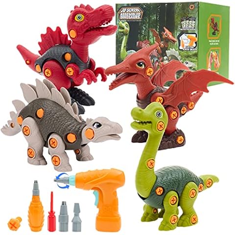AIMMIE 4 PACK Take Apart Dinosaur Toy Set with 3 type Drill, Dinosaur Figure Model Educational STEM Toys, Construction Engineering Building Learning Play Kit for Kid Build a Dinosaur Cover