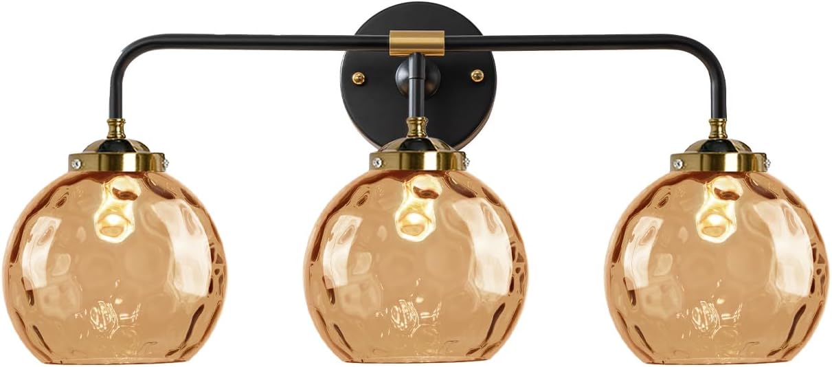 3-Lights Vintage Bathroom Vanity Light Fixture Pink Glass Globe Wall Sconce Hammer Glass Shade Modern Retro Vanity Lamp Bathroom Over Mirror Sconces for Hallway Living Room Stairwell