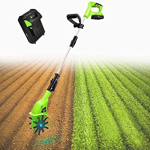 CukUJH 20V Electric Tiller, Cordless Tiller with Lithium Battery, Working Width 10 cm, Depth 25 cm, Speed 250 RPM, Ideal for Soil loosening (Green)