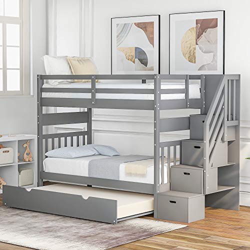 Bunk Bed with Stairs, Twin Over Twin/Full Stairway Bunk Bed with Twin Size Trundle and Reversible Staircase, Solid Wood Bunk Bed Frame, Can be Divided into 2 Separate Beds, Grey