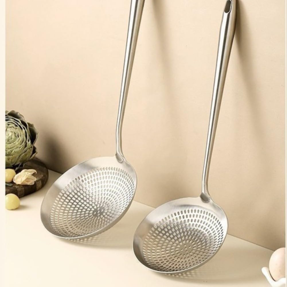 Großer Sieblöffel aus 304 Edelstahl mit langem für griff, feinmaschiges Küchensieb zum Abtropfen von Nudeln und Gemüse, hitzebeständiger Schaumlöffel für Frittieren und Kochen,(18CM)