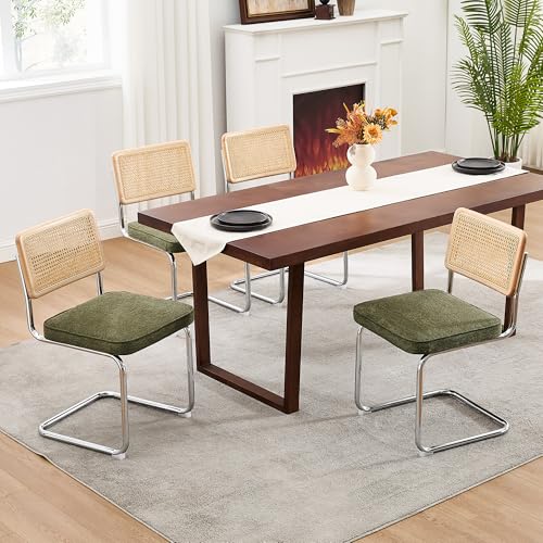 Image of Zesthouse Natural Rattan Dining Chairs Set of 4, Mid Century Modern Dining Chairs with Solid Wood Back & Chrome Base, for Kitchen Living Room, Breuer Design Inspired, Upholstered Linen Fabric, Green