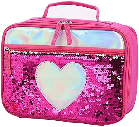 Hamkaw Kids Lunch Box Flip Sequins Insulated Lunch Tote Bag Reversible Flippy Glitter Sparkly Girls Reusable Lunchbox Glittering Shining School Travel Meal Tote Kit (Rose)