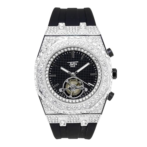 Men's 43mm Iced Out Octagon Watch – Diamond Dial, Silicone Band, Quartz Movement, Luxury Hip-Hop Fashion - Silver Dial
