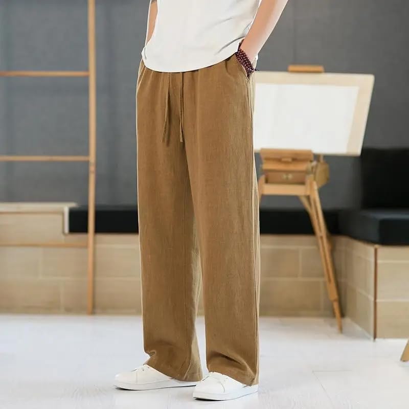 Men Summer Thin Loose Straight Cotton Linen Casual Trousers2