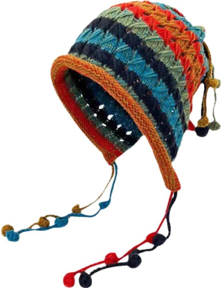 – Dinntty Handmade Crochet Wool Hat Colorful Pullover Hat, Tassel Ball Tie, Cold Hat Knitted Wool Hat for Versatile Ear Protection Hat