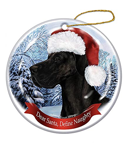Holiday Pet Gifts Great Dane (Uncropped) Black Santa Hat Dog Porcelain Ornament