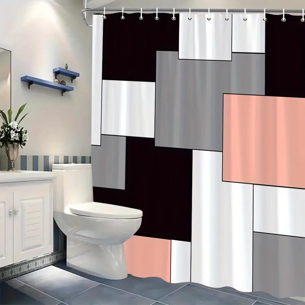 Moderne Duschvorhänge mit geometrischem, abstraktem Quadratmuster – Schwarz, Weiß, Grau, Pfirsichfarben, maschinenwaschbar, zeitgenössische Badezimmerdekoration (230 x 200 cm/B x H)