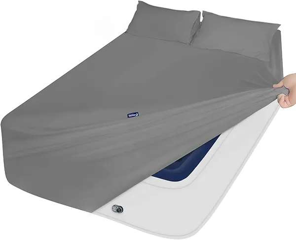 Deep Pocket Twin Sheets Set for Kids Air Mattress - Extra Deep Pocket Twin Sheet Sets - 3Pcs Side Storage Pocket Fitted Sheet & Pillowcases Easily Fits 16in to 24in Pillow Top Bed Mattress(Grey)